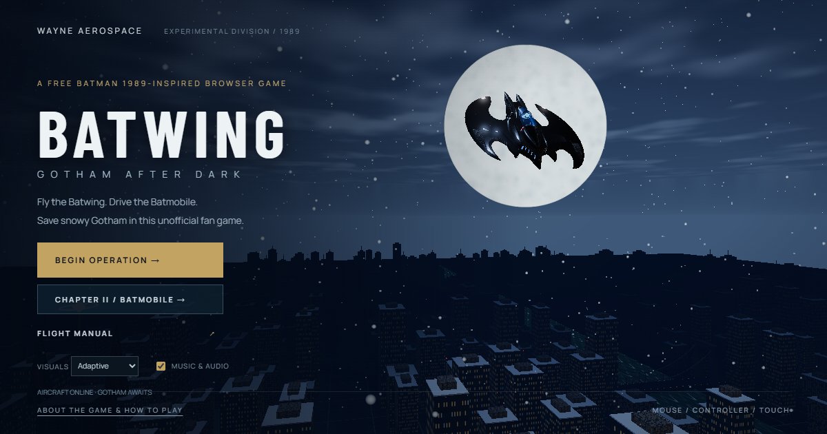 The Batwing above Gotham's snowy skyline and moon in the game's menu